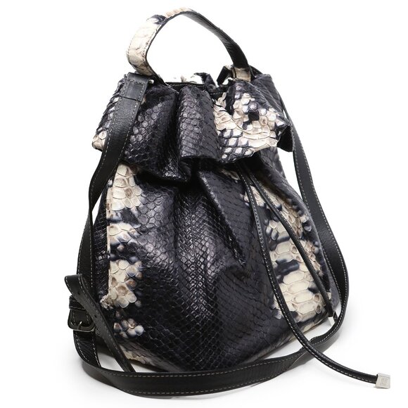 LUXURY Silvano Bagini Python Leather Drawstring Bucket Bag Handbag Black White - Picture 15 of 16